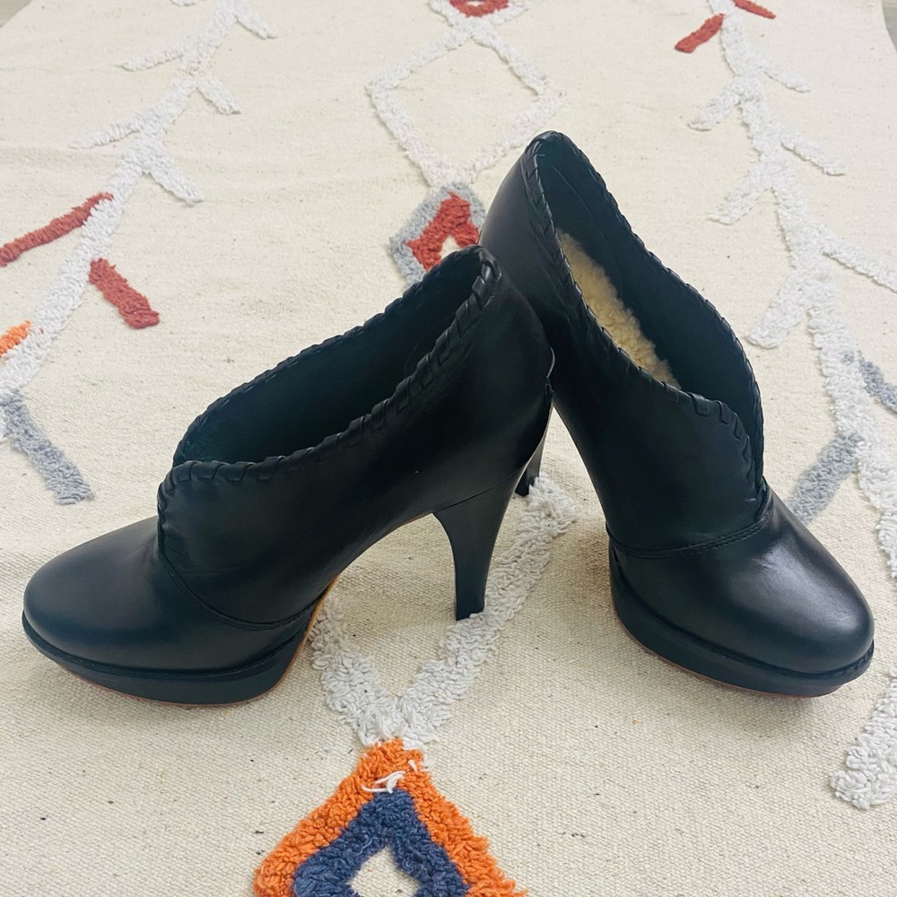 UGG Black Leather Platform Bootie Heels, Size 8